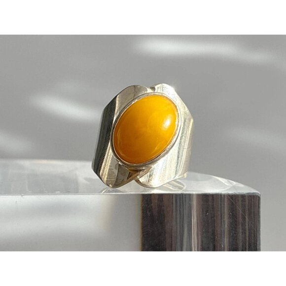 Butterscotch Natural Amber Modernist  XL 925 Sterling Silver Vintage Ring - sz 7 - Picture 2 of 11